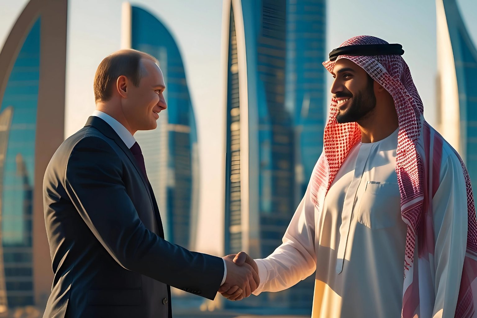 Russian and Saudi businessmen shaking hands in a modern business setting, symbolizing successful international partnership and market expansion.