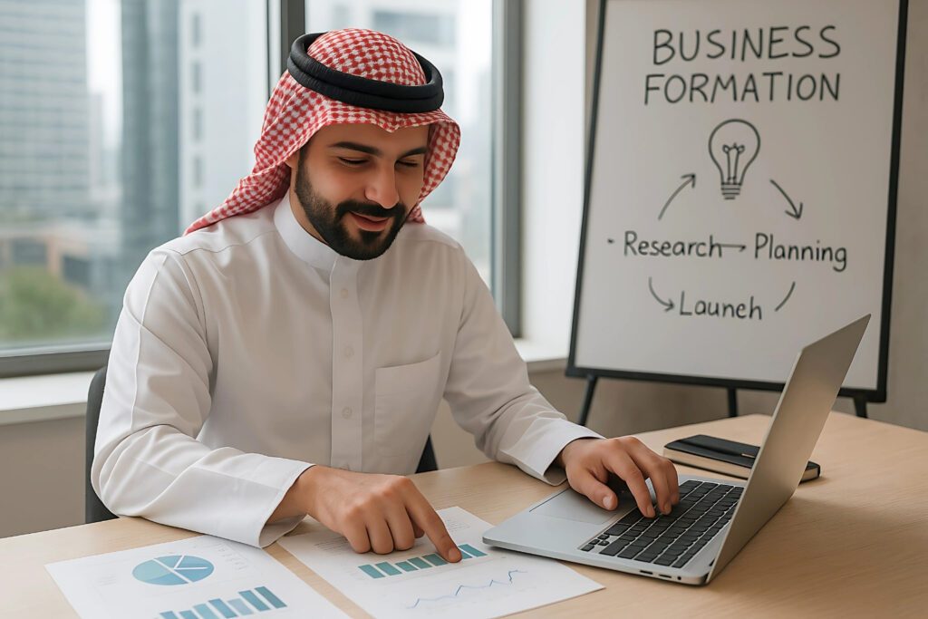 Saudi entrepreneur working on a laptop with charts and business formation plans on a whiteboard, symbolizing strategic steps to start a business in Saudi Arabia.
