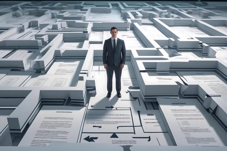 Turkish entrepreneur standing in the middle of a legal maze, symbolizing the complexity of entering the Saudi market.